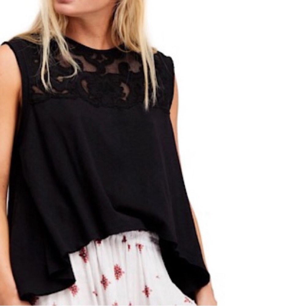 Free People Meant To Be Black Embroidered Lace Linen Swing Tank Top